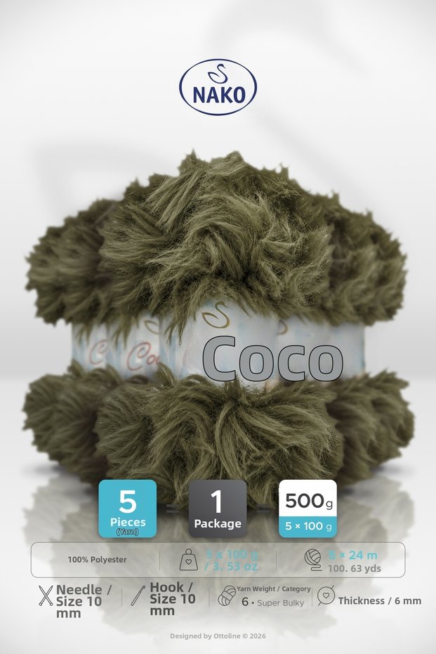 Coco • Olive Green(97956) • 5-Pack X 100Gr / 24m • Knitting Yarn for Sweaters, Cardigans, Scarves, Beanies, Home Decor