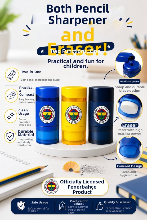 Licensed Non-Marking Pencil Sharpener Set with Eraser and Double Hole Container School Stationery