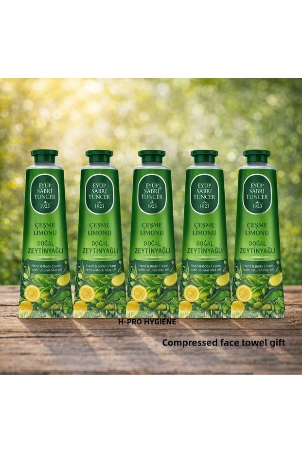 50 ml 5 Pcs Çeşme Lemon Natural Olive Oil Hand and Body Cream, Compressed Face Towel 1 Piece
