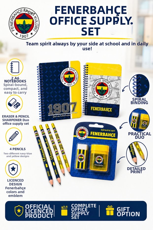 Licensed School Set Double A6 Notebook Spiral-Bound Lined 4-Piece Patterned Pencil Set with Container and Sharpener Non-Marking Eraser Set Fb Design