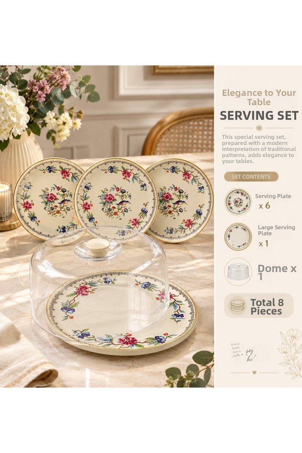 Flowers Bird 8 Piece Cake and Pastry Set with Serving Plate and Jar