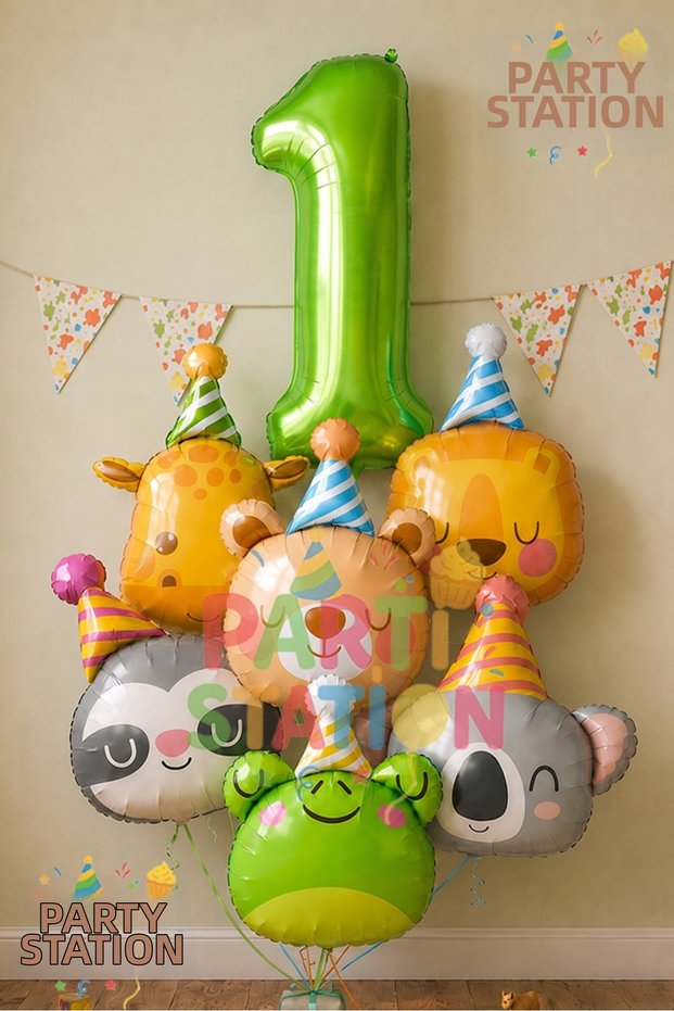 Safari Animals Concept 1 Year Old Green Balloon Set 7 Piece Animal Balloon with Hat Birthday Set Lion Giraffe Frog Koala Bear Raccoon Balloon