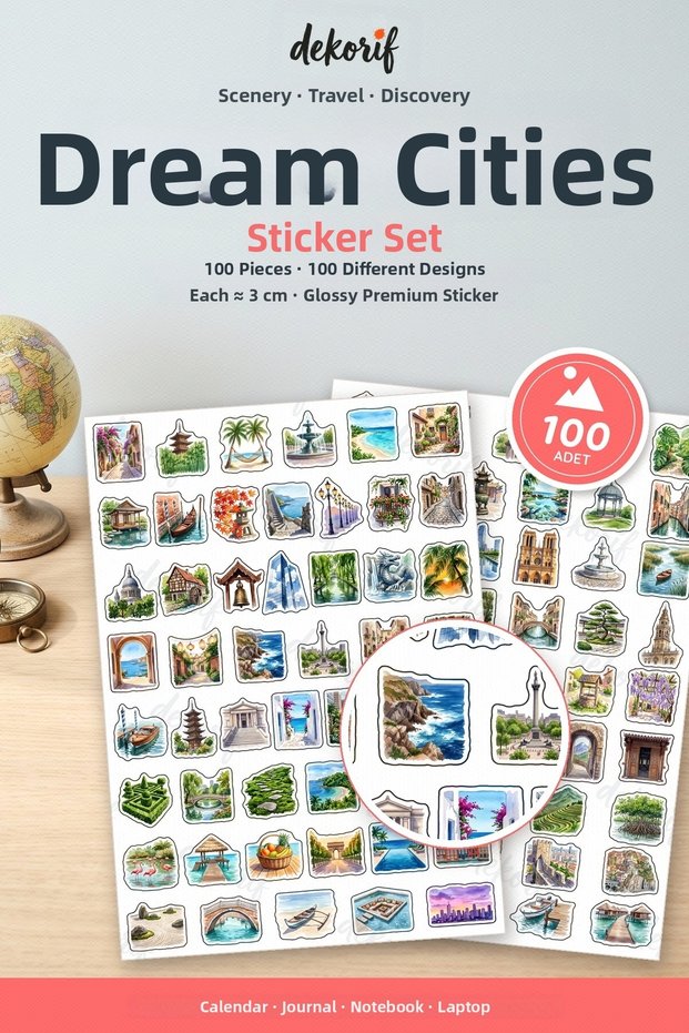 Cute City Sticker Set 100 Pieces - Dream Cities Watercolor Agenda Journal Notebook Laptop Stickers