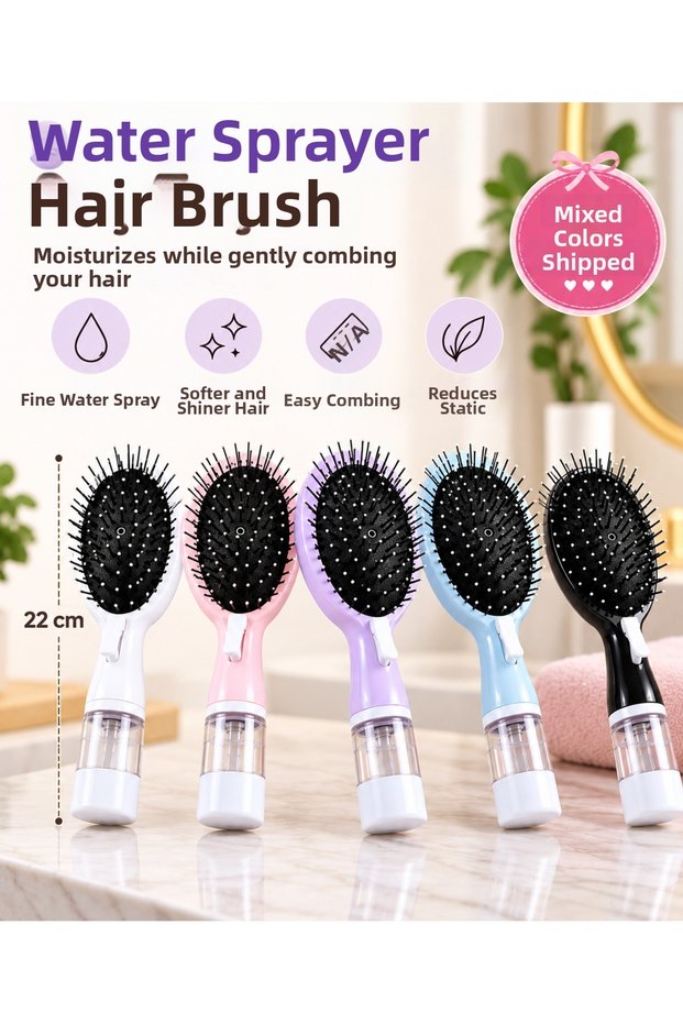 Water Spray Hair Brush 22 cm – Spray Hair Comb with Moisturizing Chamber, Easy Combing, Mixed Colors