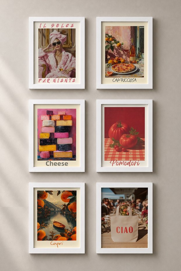 6 Piece Pizza, Cheese and Tomato Framed Table Art Set Italy Posters Wall Decor Sixmx28