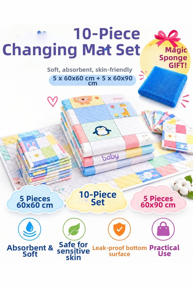 Fluffy Baby Changing Mat 5+5 10-Pack 60X60 + 60X90 Absorbent Changing Mat