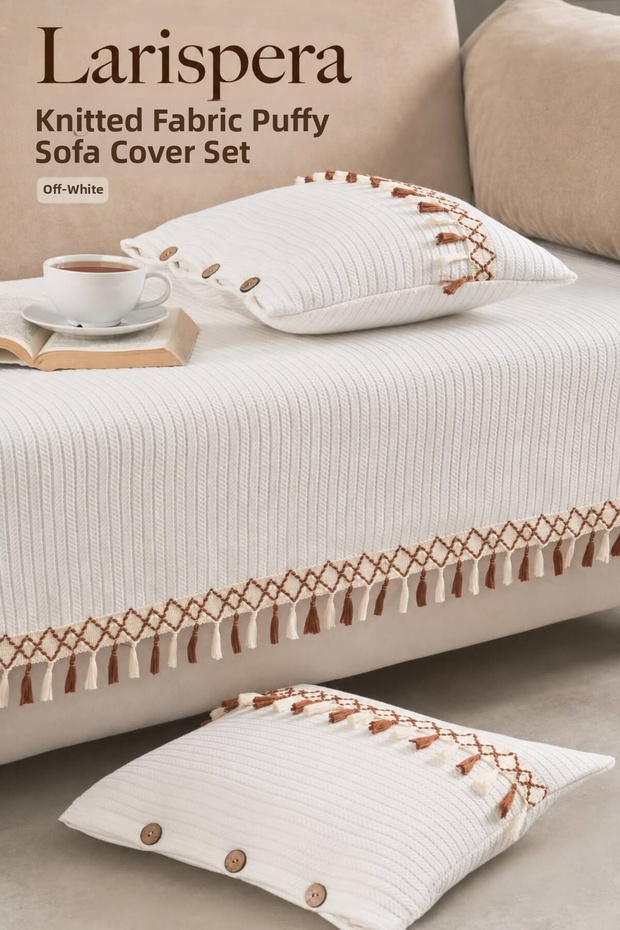 Knitted Fabric Tassel Sofa Cover 1 Piece 90X200 cm Sofa Cover + 2 Pieces 40X40 cm Throw Pillow Covers 3 Piece Set Ecru Bohemian Decorative