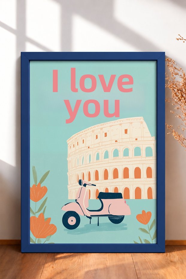 Ti Amo Written Colosseum and Classic Scooter Framed Painting Italy Poster Wall Decor Itn047