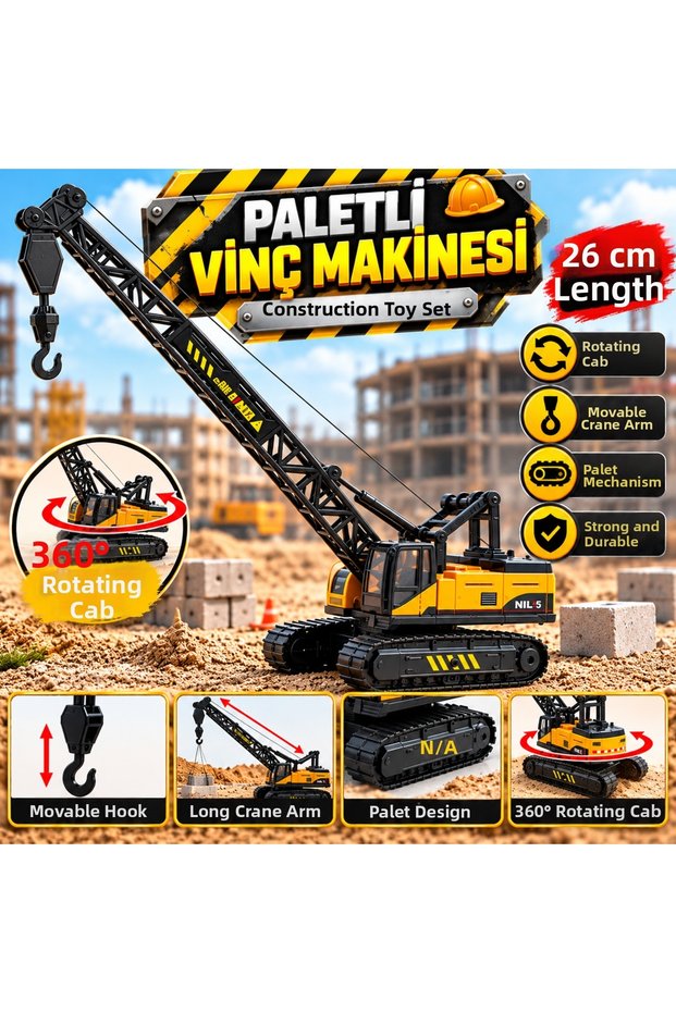 Crawler Toy Crane 26 cm Construction and Engineering Machine Model with Hook and Long Boom