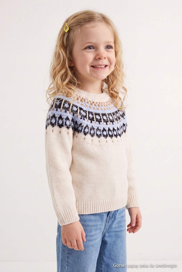 Ecru Girls' Ethnic Patterned Long Sleeve Knit Sweater Tkdaw27Kz00043