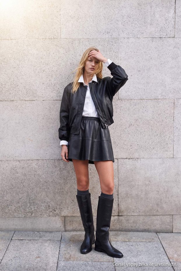 Black Gather Detailed Mini Faux Leather Knitted Skirt Twoaw26Et00046