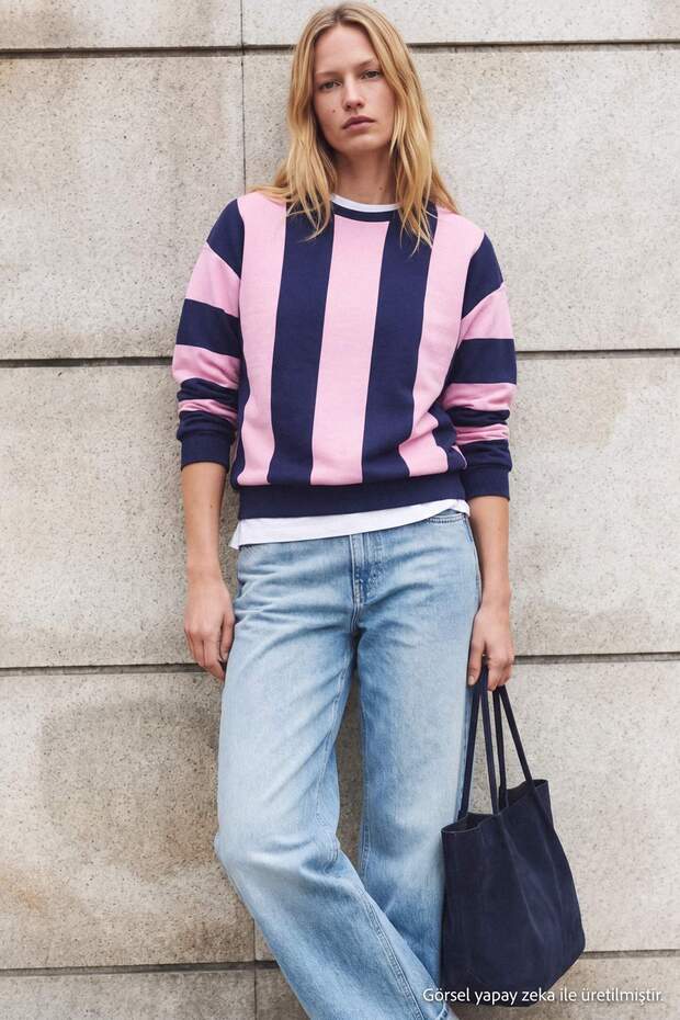Açık Pembe Kalın Çizgili Oversize/Geniş Kesim Örme Sweatshirt TWOAW27SW00158