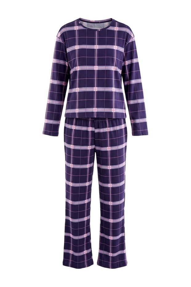 Mor %100 Pamuklu Ekose / Kareli Örme Pijama Takımı THMAW26PT00046