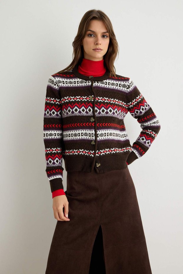 Brown Openwork Crew Neck Knitwear Cardigan Twoaw27Hi00161