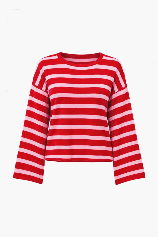 Red-Pink Striped Soft Crew Neck Oversize Spanish Sleeve Knitwear Sweater Twoaw27Kz00343