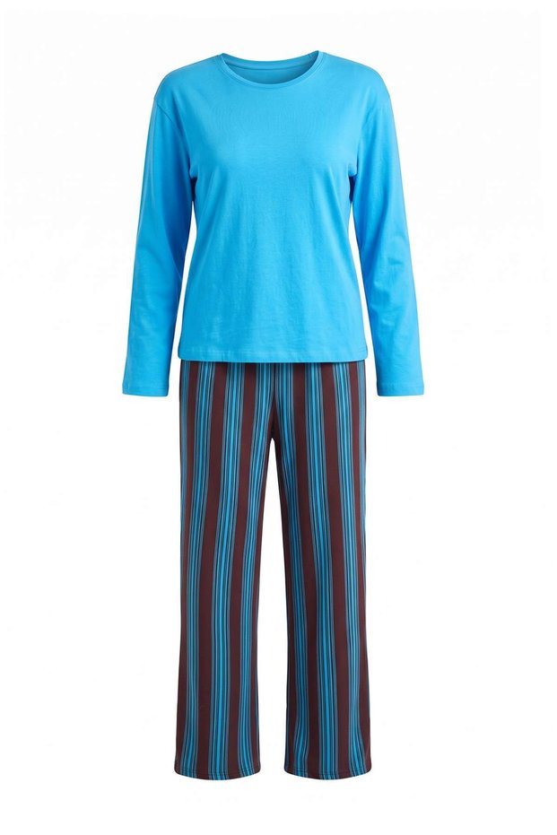 Turquoise 100% Cotton Striped Knitted Pajamas Set Thmaw25Pt00188