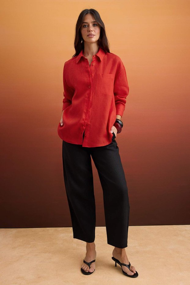 Red 100% Linen Pocket Detailed Oversized Shirt Twoss26Go00039
