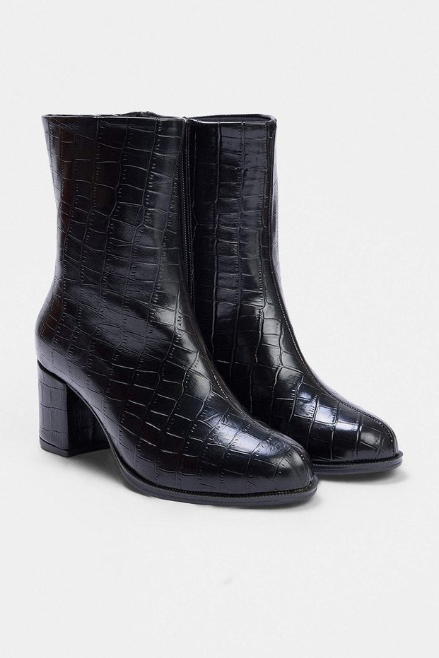 Black Crocodile Almond Toe Women's 6.5 cm Block Heeled Ankle Boots Takaw26Bo00065
