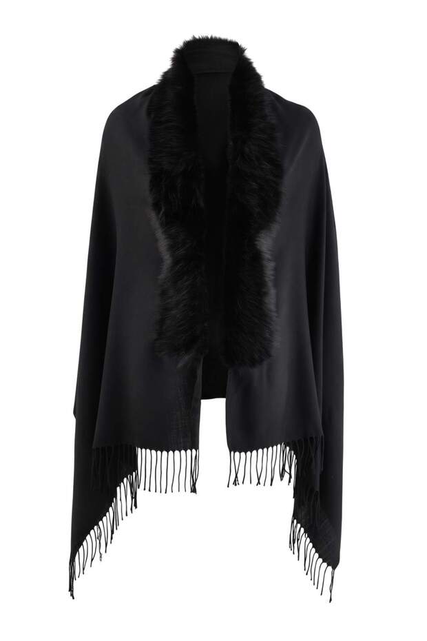 Black Soft Textured Women's Tassel Shawl Takaw27Sl00001