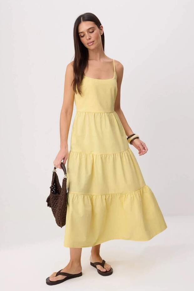 Light Yellow Straight Skirt with Flounces / Ruffles at the Waist Maxi Woven Dress Twoss24El00386