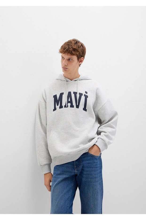 Logo Printed Hooded Gray Sweatshirt 067149-80196