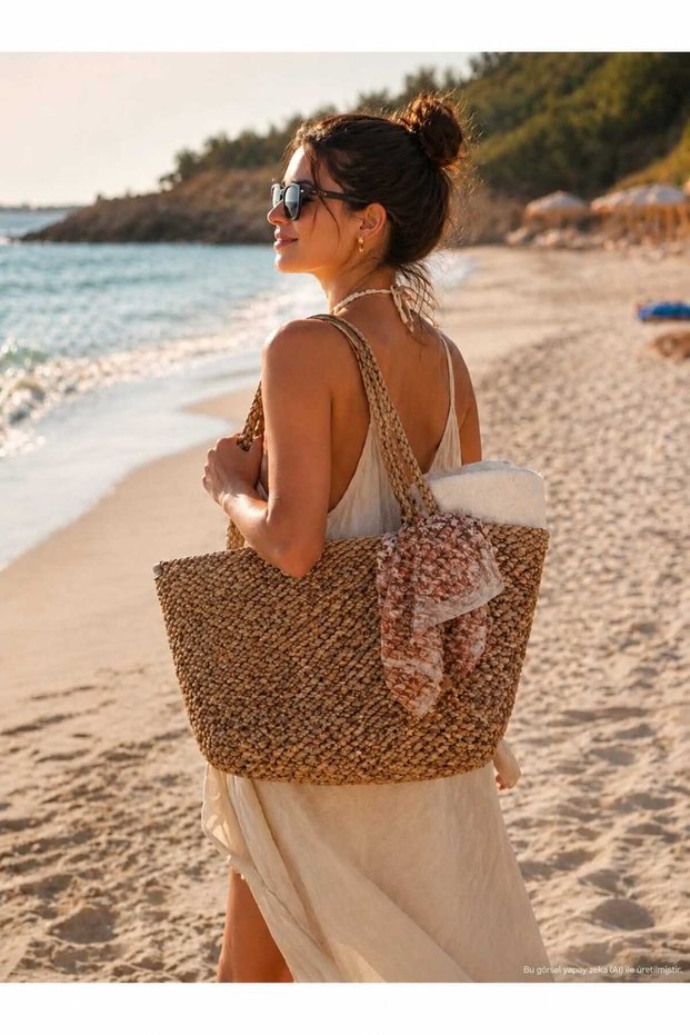 Women's Brown Large Size Beach Bag with Straw Magnet Closure