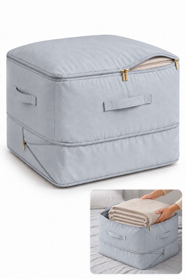 Zipper Compression Storage Bag for Blankets & Lightweight Quilts, No Vacuum Needed, Washable Twill, Grey, 1 Piece