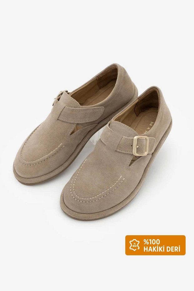 Women's Genuine Leather Loafers with Strap Masculine Casual Shoes Zepar Beige Suede