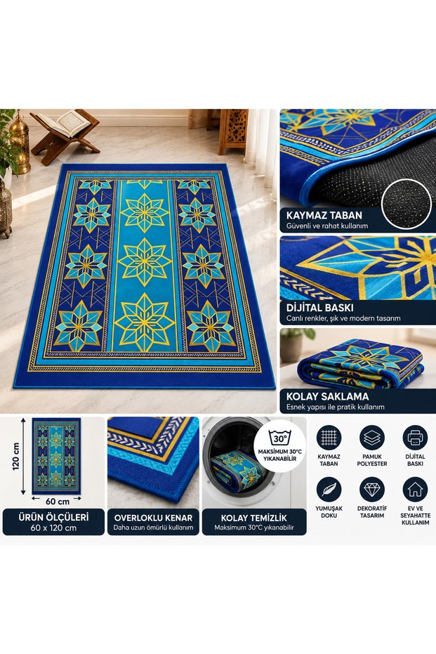 Non-Slip Based Prayer Rug 60X120 cm – Digital Printed Washable Navy Blue Decorative Prayer Rug