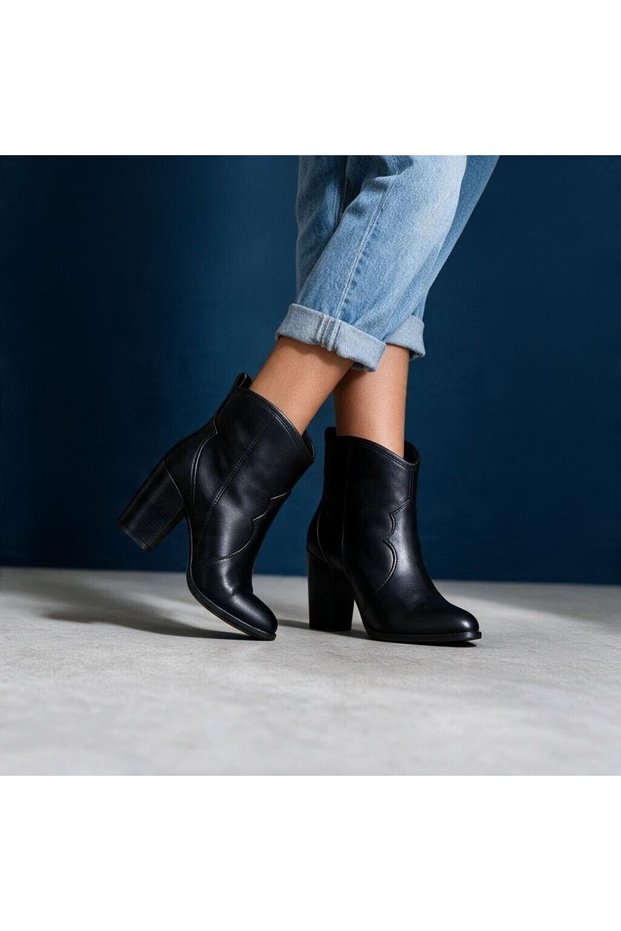 Black Leather Thick Heeled Women's Western Boots