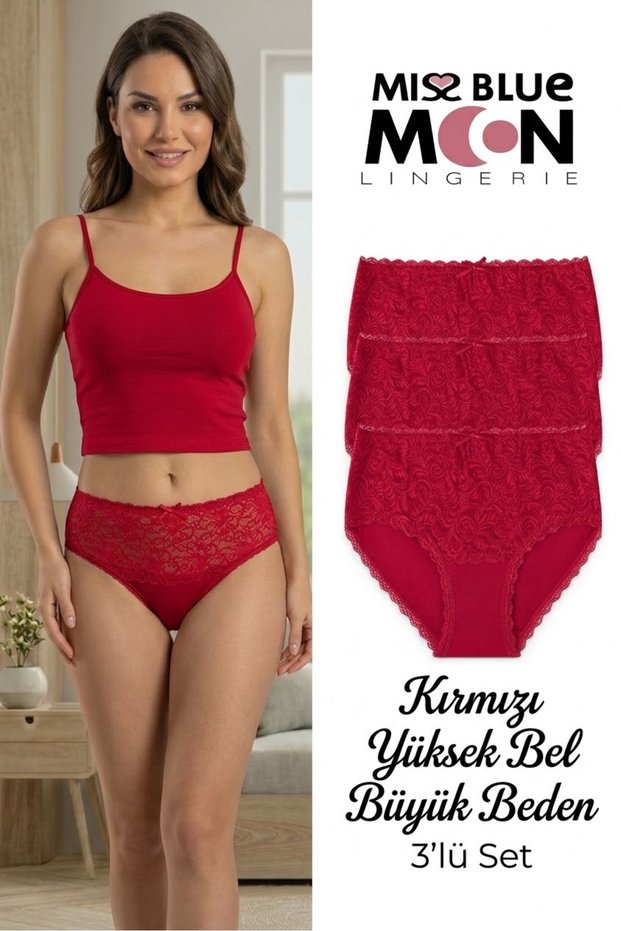 High Waist Lace Bato New Year's Special Collection Red Panties 3-Piece 555