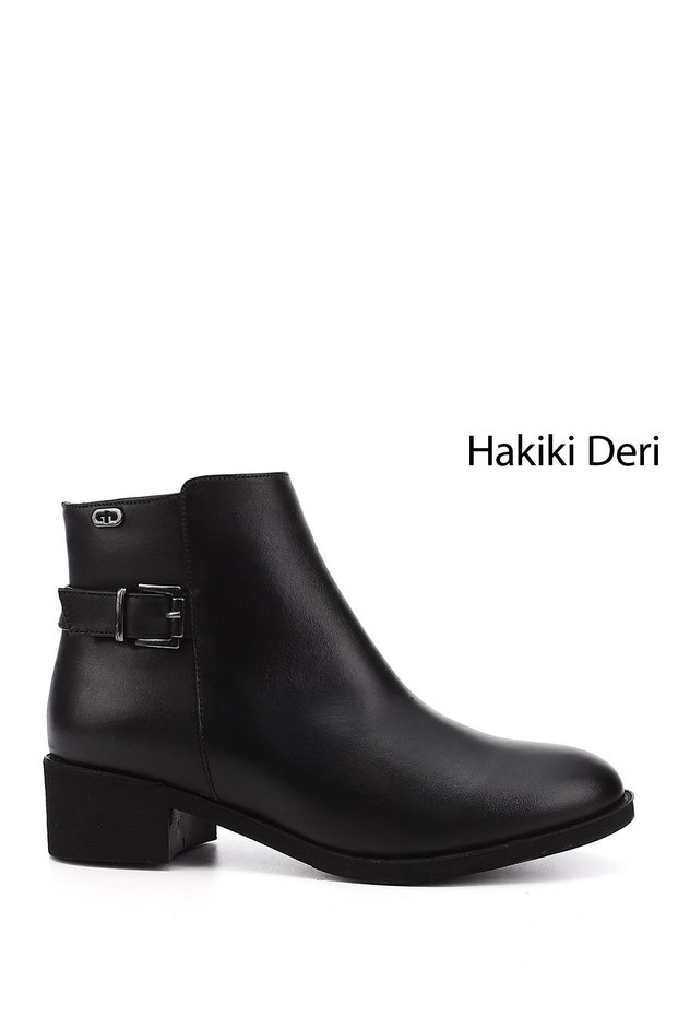 Women's Black Zippered Thick Heeled Genuine Leather Boots