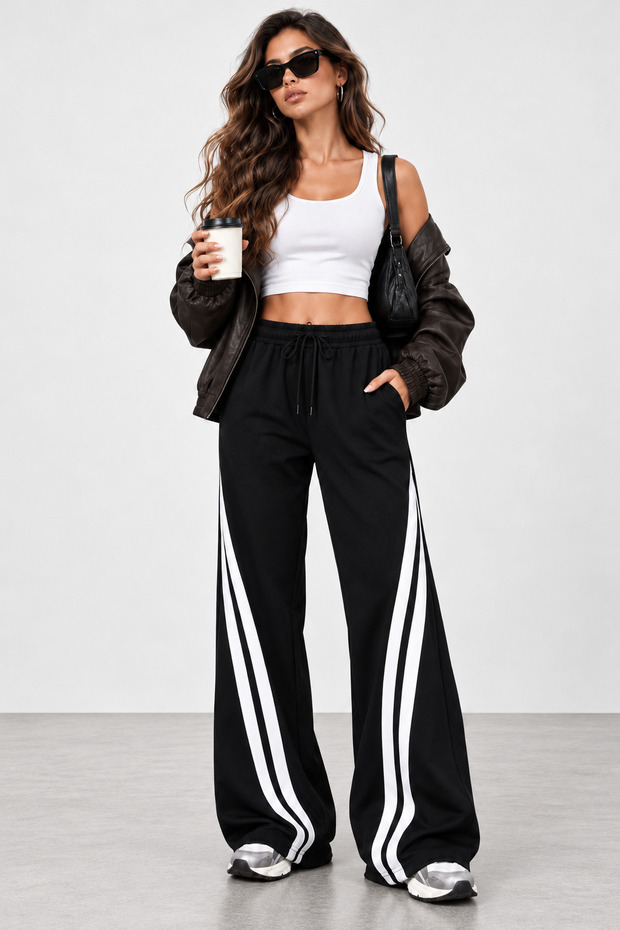Black Cotton Color Block Striped Detail Wide-Leg Knit Sweatpants