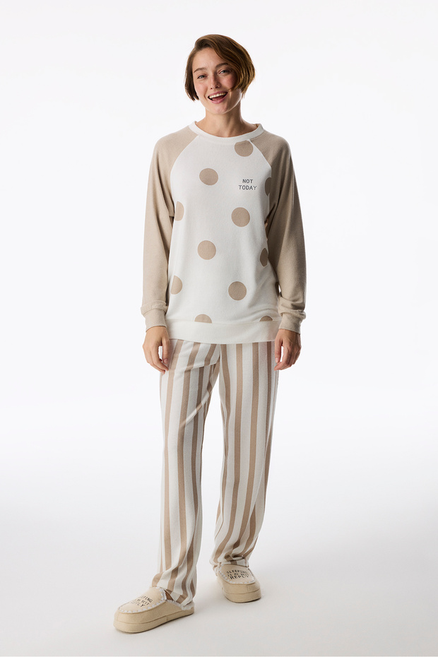 Beige Not Today Polka Dot Patterned Long Sleeve Pajama Top