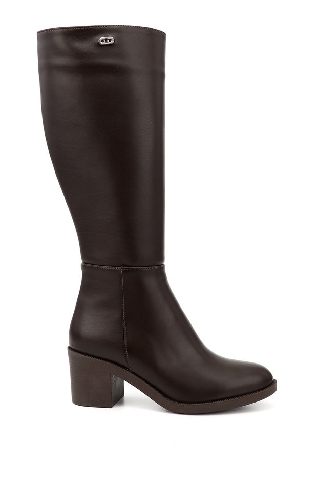 Women's Brown Zippered Thick Heeled Boots