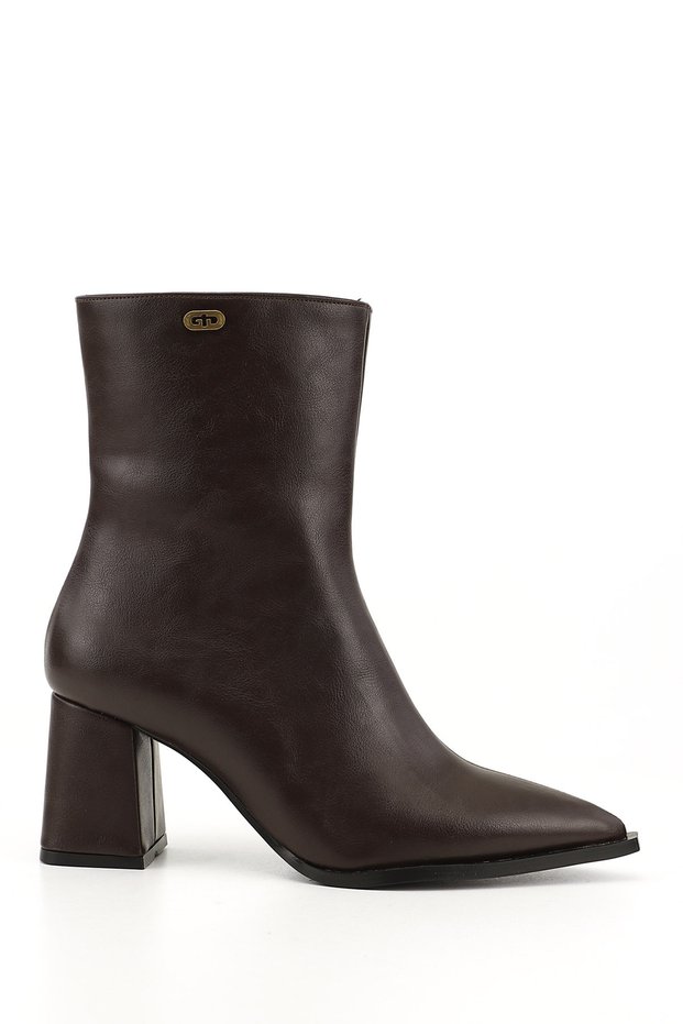 Women's Brown Zippered Thick Heeled Boots