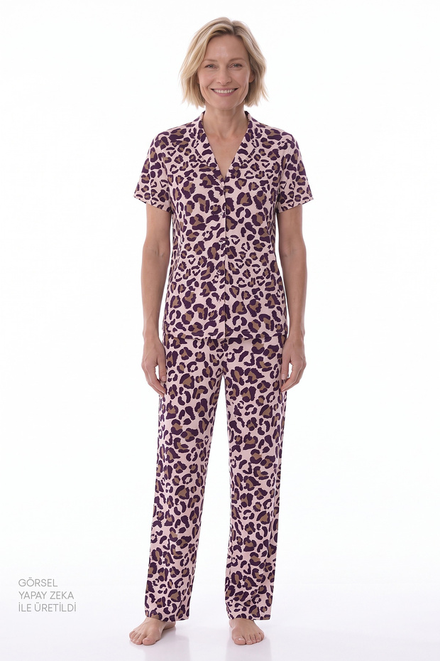 Pink Collagen Leopard Pattern Short Sleeve Buttoned Shirt Pants Pajama Set