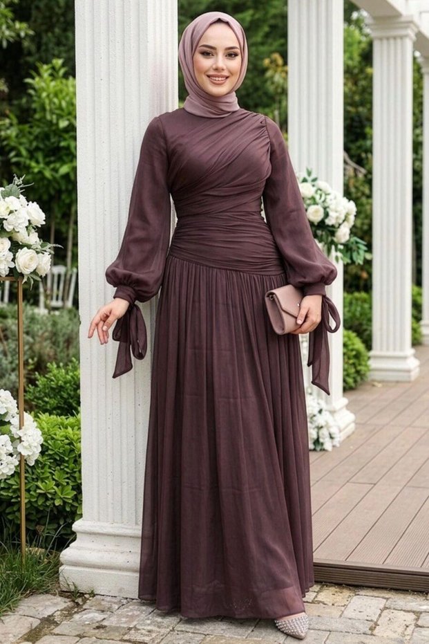 Drape Detailed Brown Hijab Evening Dress 53631Kh