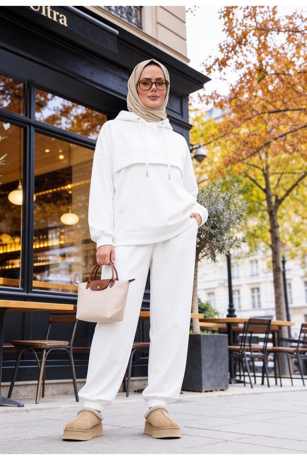Kangaroo Pocket Modal Tracksuit Set – Hooded - Ecru