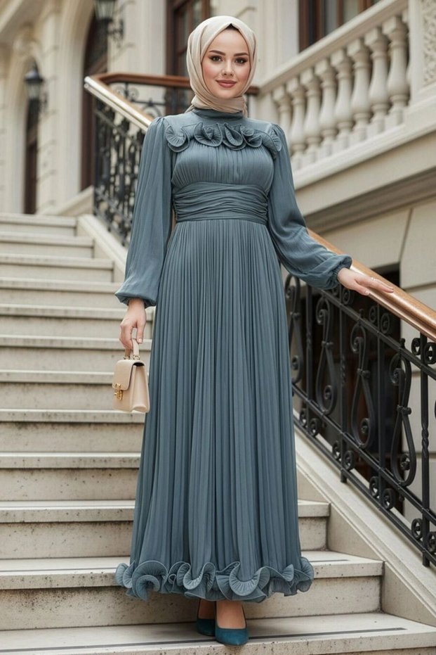 Ruffle Detailed Mint Hijab Evening Dress 48231Mint