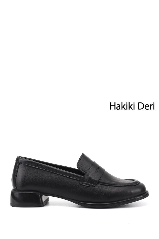 Women's Black Thick Heeled Genuine Leather Loafer Shoes