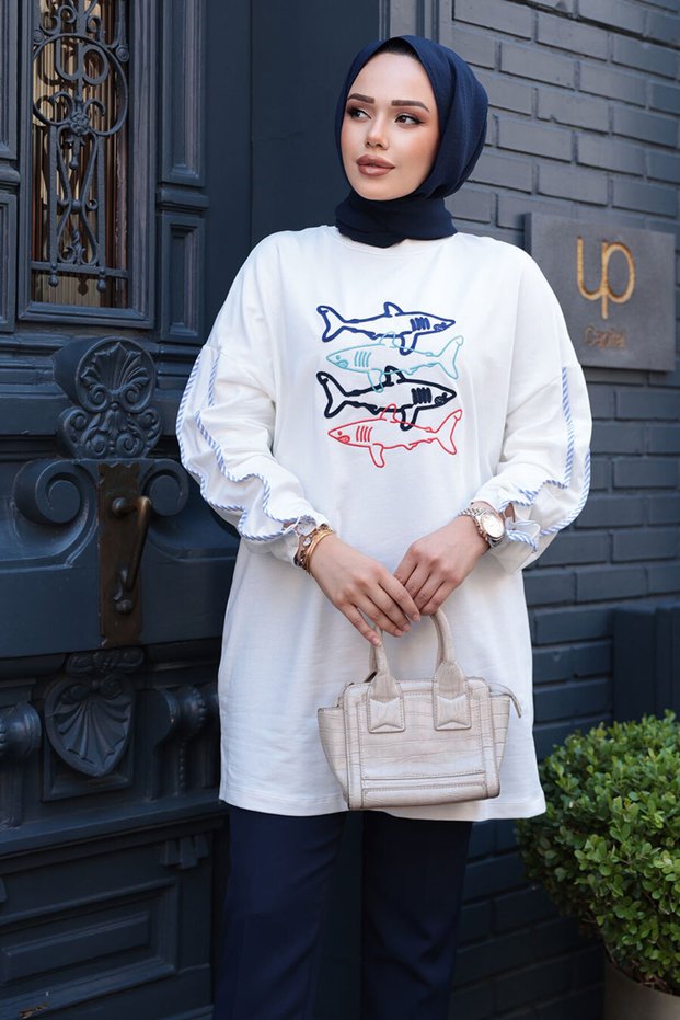 Patterned Ecru Hijab Tunic 10640E