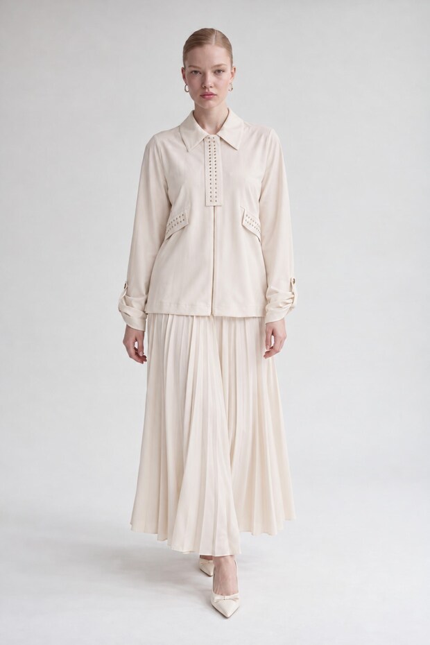 Stone Collar Detail Pleated Skirt Set Beige