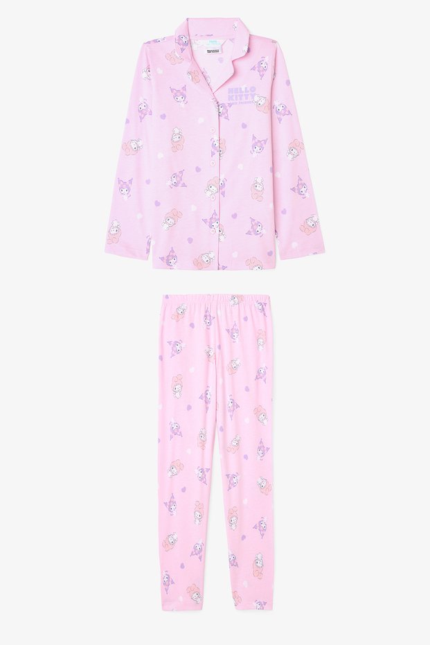 Light Pink Girls' Kuromi Friends Long Sleeve Cotton Shirt Pajama Set