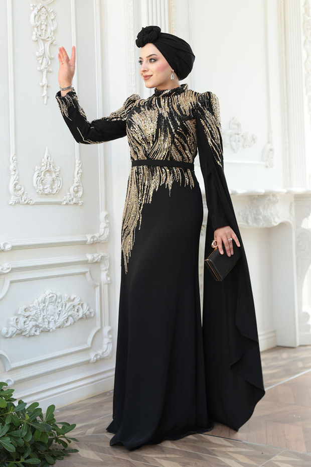 - Beaded Black Hijab Evening Dress 51423S