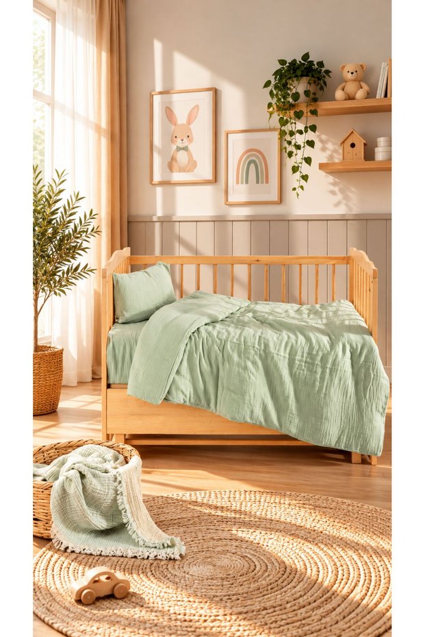 100% Natural Cotton Green Baby Duvet Cover Set with Muslin Bag Gift 100 X 150cm