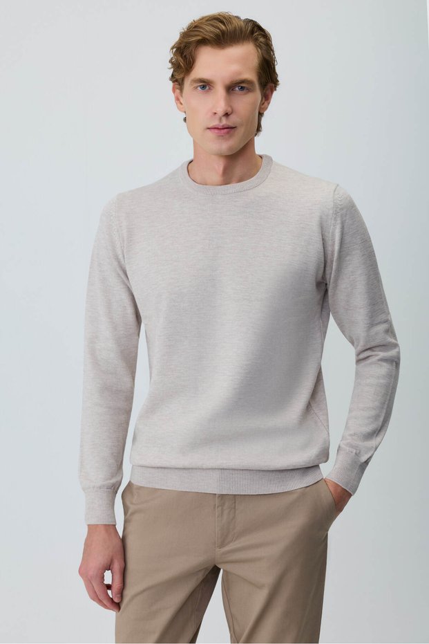 Men's Beige Basic Crew Neck Knitwear