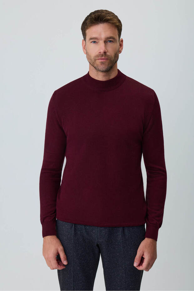Men's Dark Burgundy Basic Half Turtleneck Dynamic Fit Knitwear