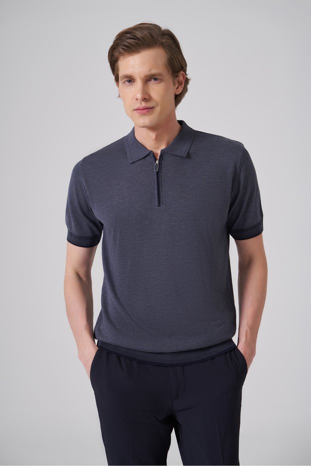 Men's Indigo Trend Zippered Polo Collar Knitwear T-Shirt