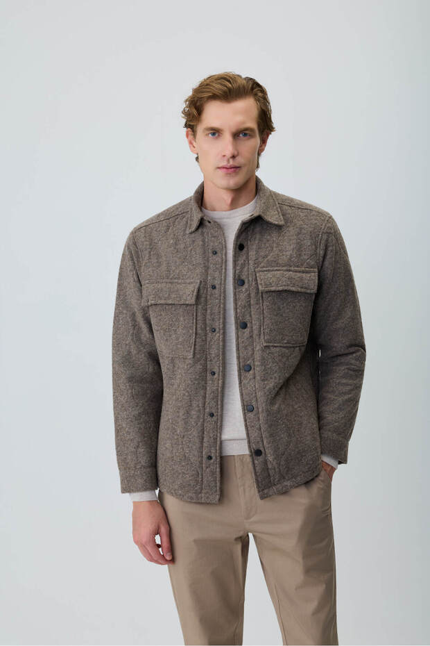 Men's Light Brown Trend Short Quilted Shirt Coat
